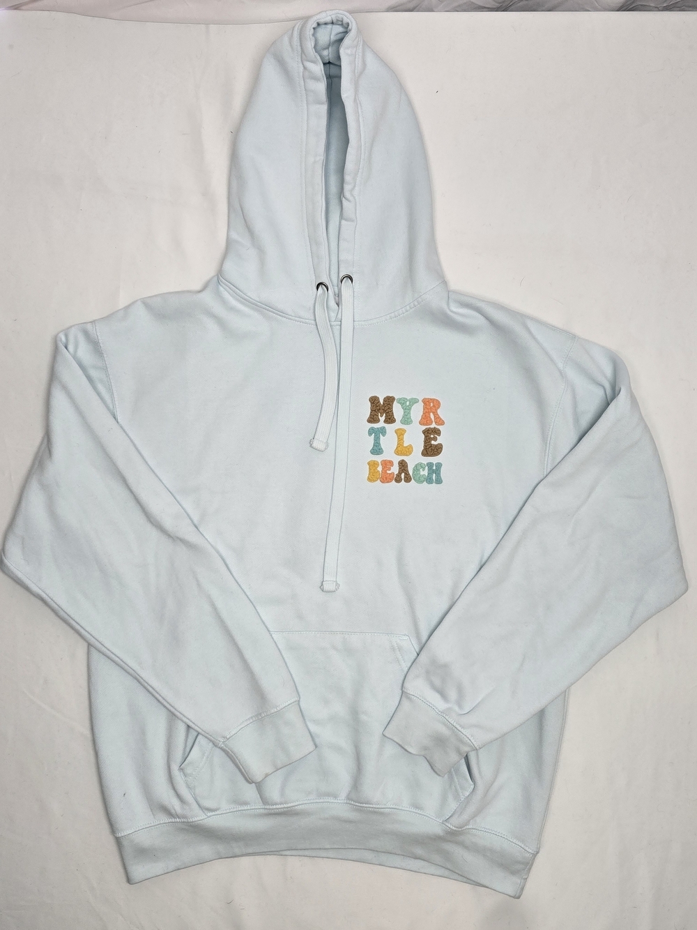 Pacific & Co Myrtle Beach Light Blue Chenille Retro Graphic Hoodie Large